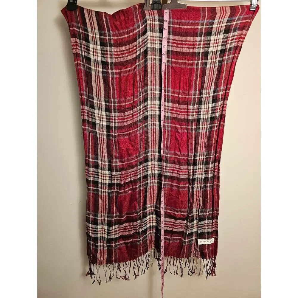 Pashmina Red Black Cream Plaid Scarf with Fringe